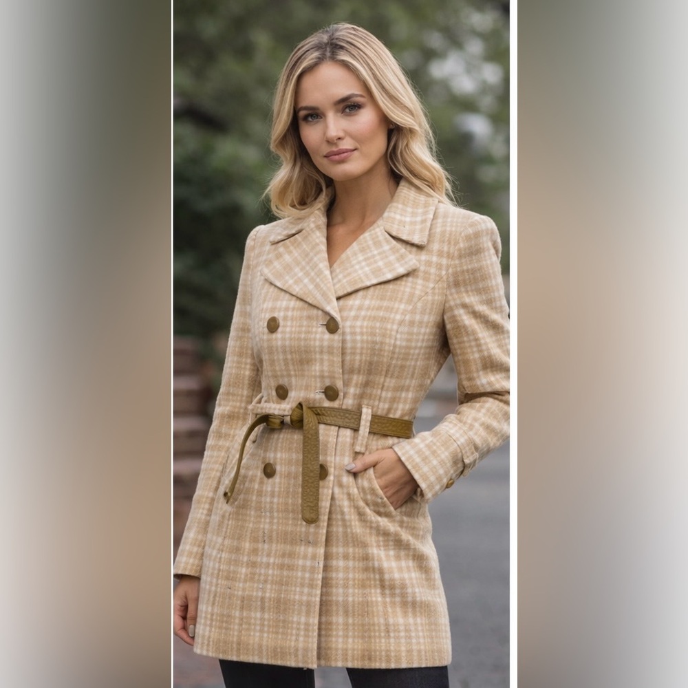 Vtg Jacobson's Brown Plaid Double Breasted Warm Camel Hair Women's Swing Coat